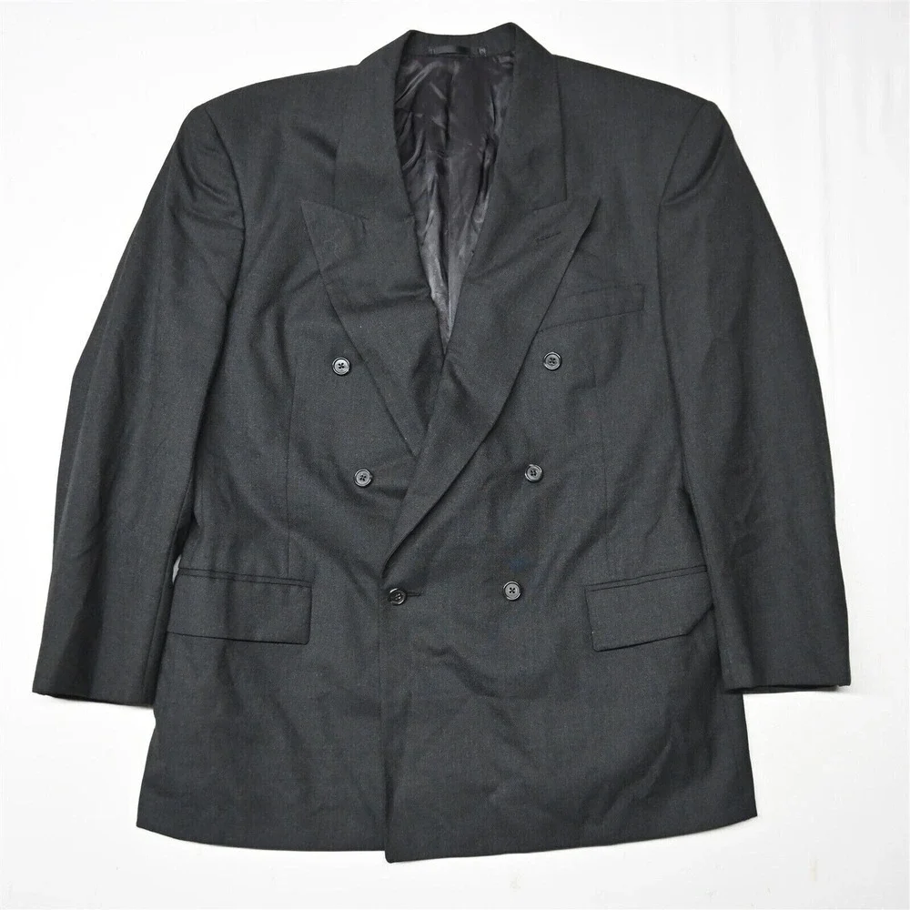 Vtg Neiman Marcus 42R Gray 100% Wool‎ Double Breasted Sport Coat Blazer Jacket